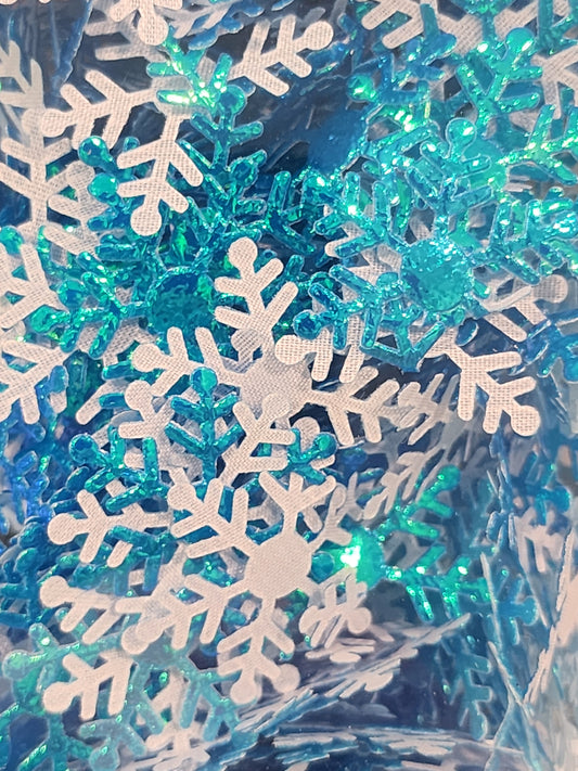 #114A Blue White large snow flake shape glitter